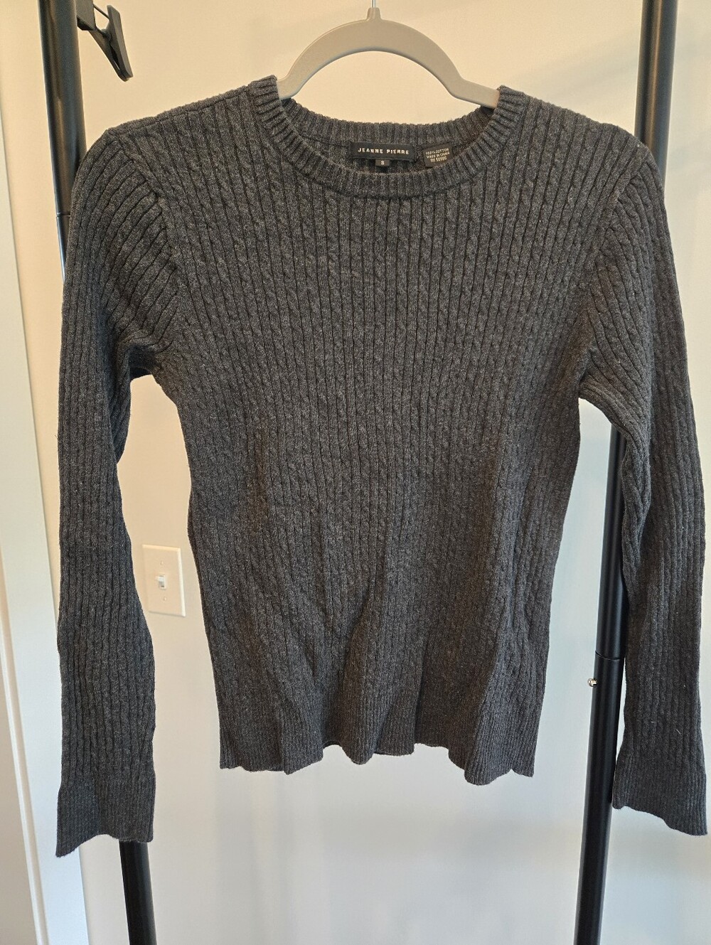 Jeanne Pierre Gray Grey Ribbed Knit Sweater Cotton Long Sleeve Crewneck SMALL